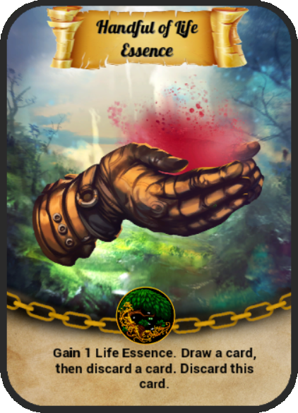 Handful of Life Essence. Instant. Draw a card, then discard a card. Gain 1 Life Essence. Destroy this card.